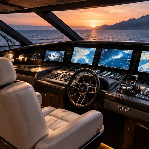 Illustrative interior of a yacht navigation bridge