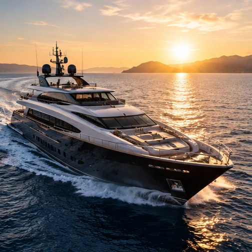 Illustrative motor yacht travelling along a coastal landscape at sunset